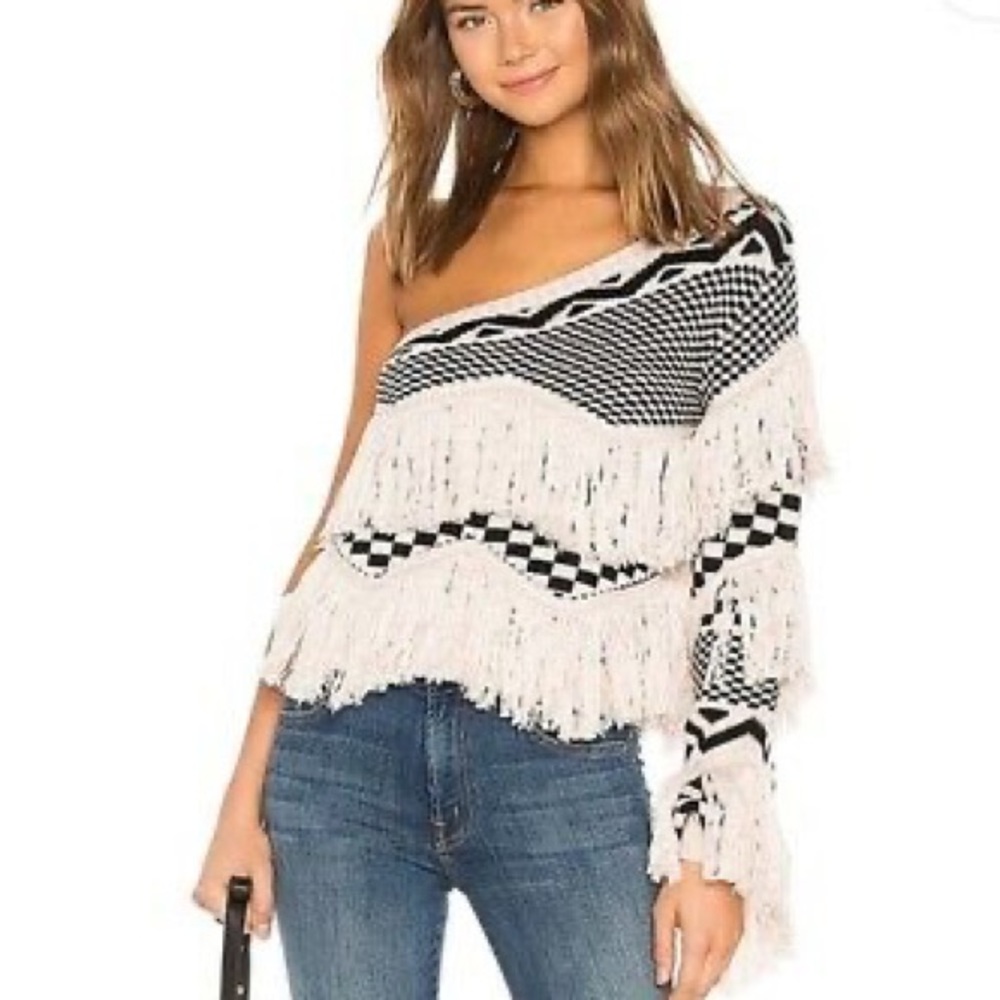 Black and White Fringe One Sleeve Sweater